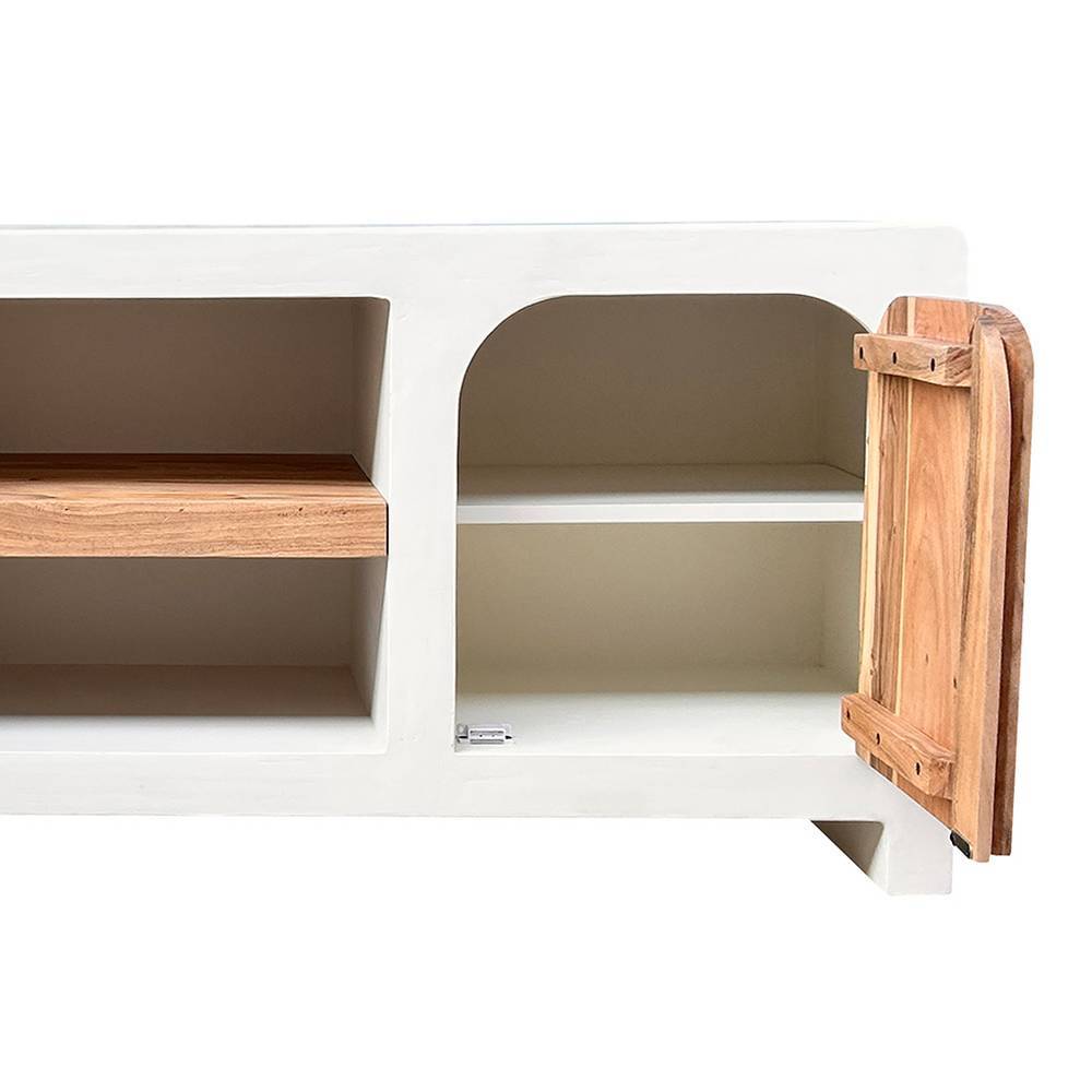 TV Board Janyna mit Struktur Kalkputz und Massivholz Türen