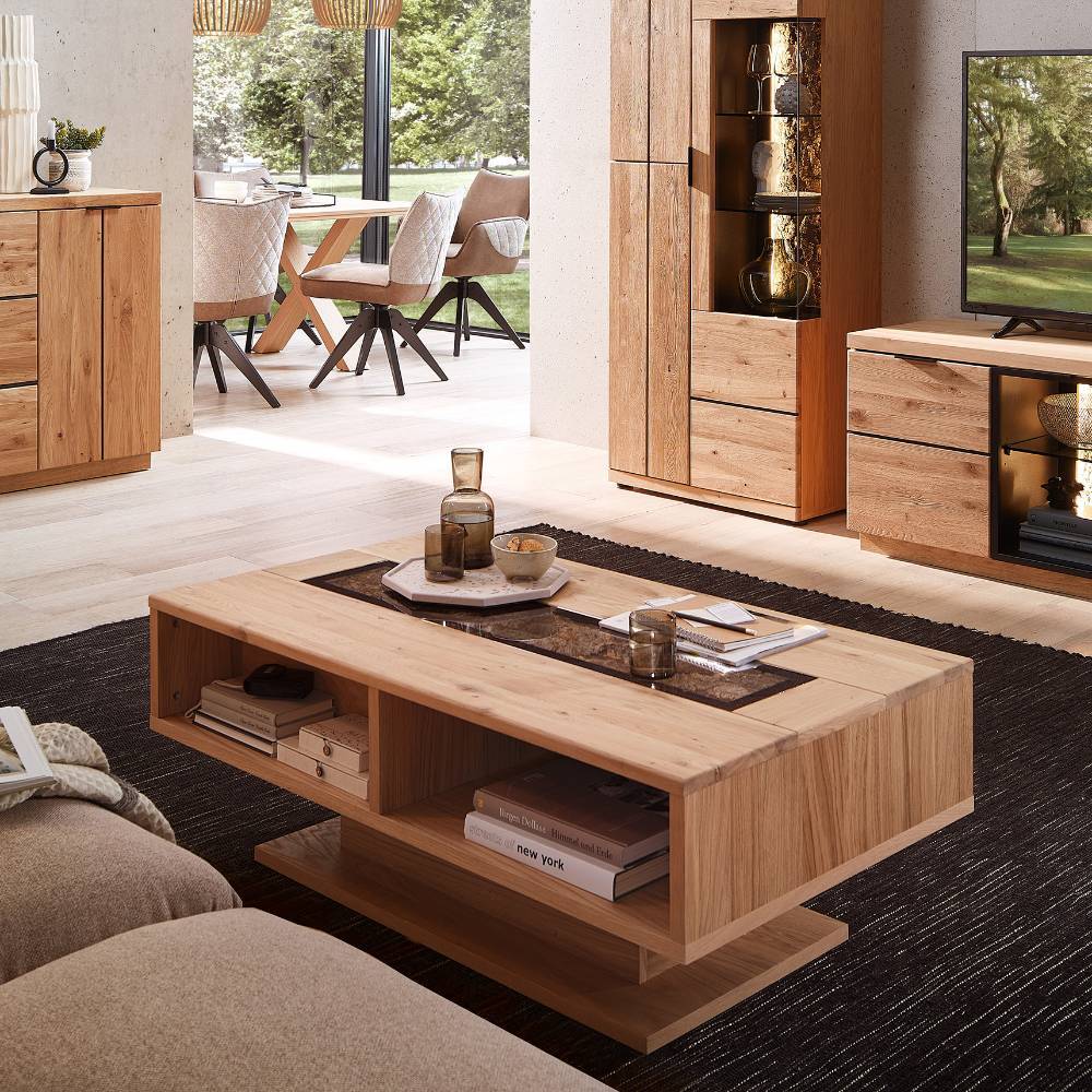 Couchtisch Emly mit Massivholzplatte in Wildeiche Bianco