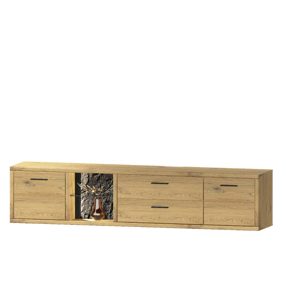 Wohnwand Massivholz Ostoro in Wildeiche Bianco 225 cm hoch (dreiteilig)