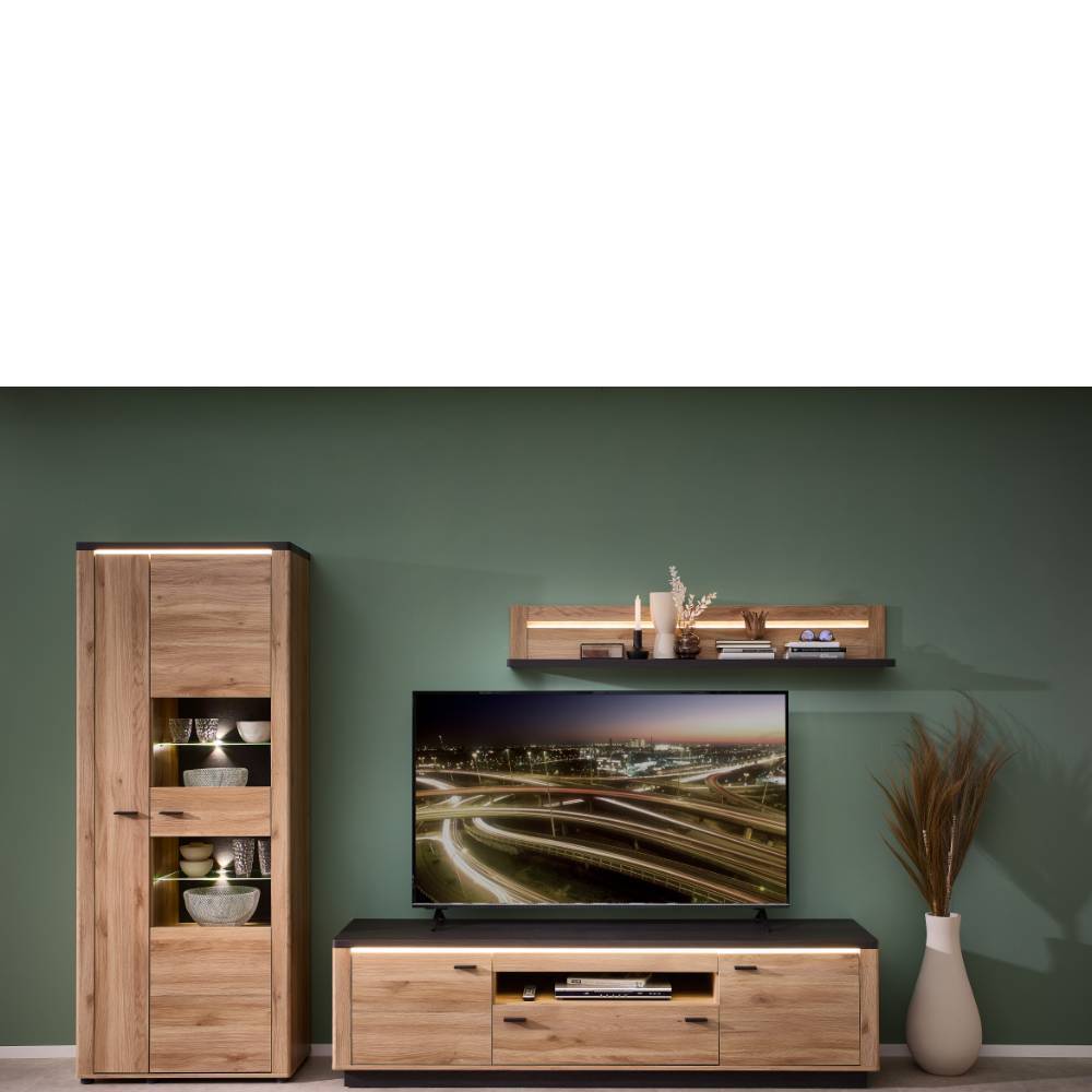 Wohnwand modern Helias mit LED Beleuchtung 202 cm hoch (dreiteilig)