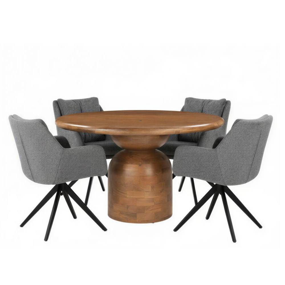 Essgruppe Bertylan aus Mangobaum Massivholz und Boucle Stoff (fünfteilig)