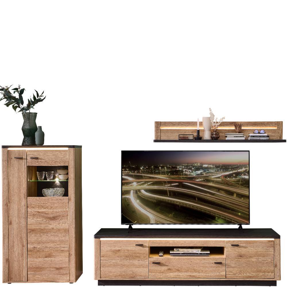 TV Wohnwand Helias mit LED Beleuchtung - Holzoptik foliert (dreiteilig)