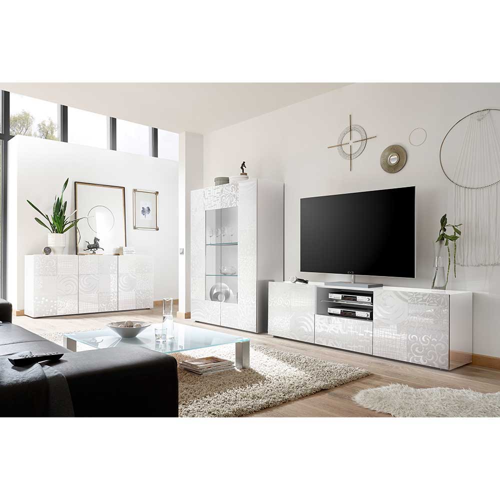 Design TV Wohnwand Peledrav in Hochglanz Weiß mit Siebdruck verziert (dreiteilig)
