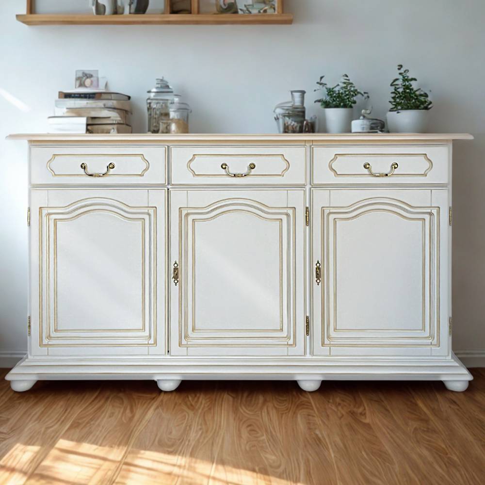 Sideboard Ewana in Antikweiß mit drei Schubladen und Türen