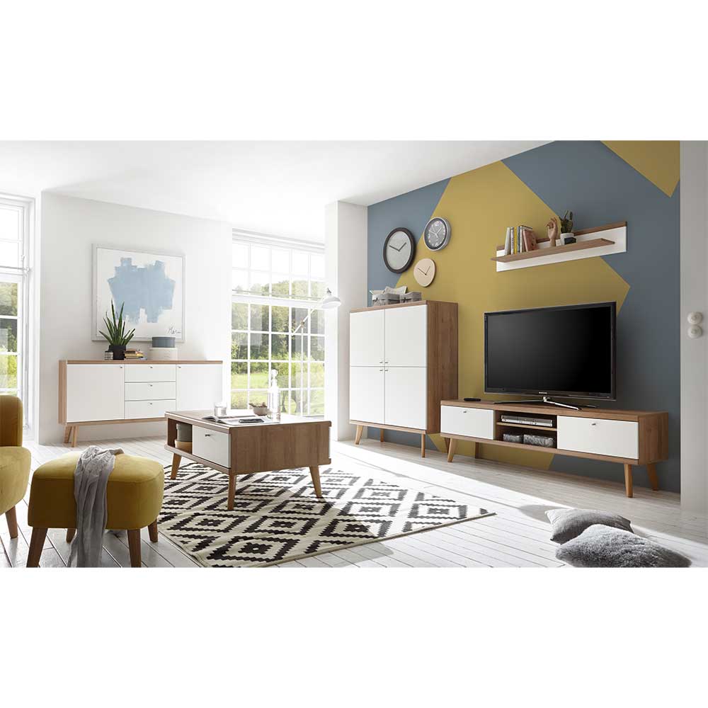 Wohnzimmermöbel Set Levanca in Weiß und Eiche Massivholz im Skandi Design (fünfteilig)