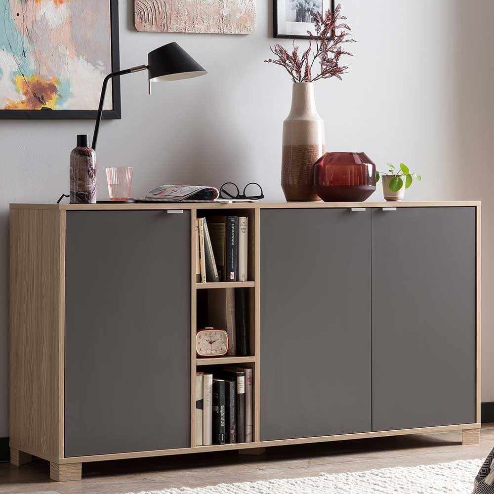 Modernes Sideboard Ron in Dunkelgrau und Eiche hell