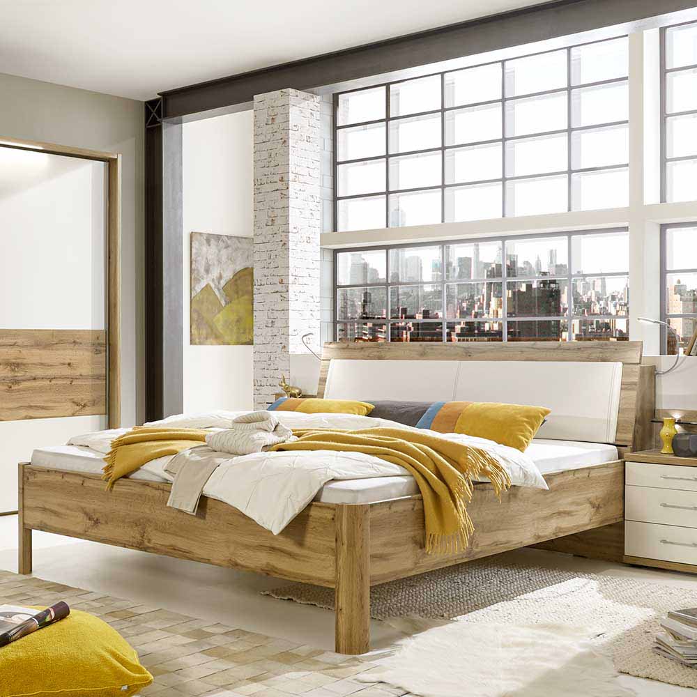 Doppelbett Arivana in Eiche mit Polsterkopfteil in Weiß