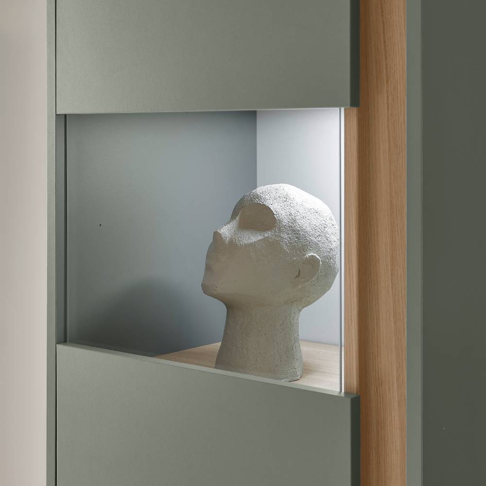 Wohnzimmerschrank modern Ulfava in Graugrün und Eichefarben