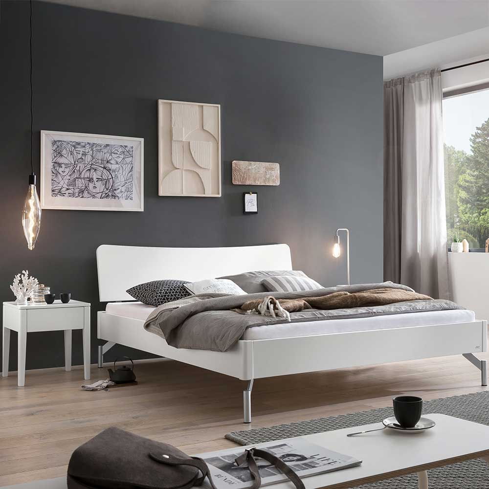 Doppel Bett in Weiß Olessa aus MDF mit Vierfußgestell aus Metall