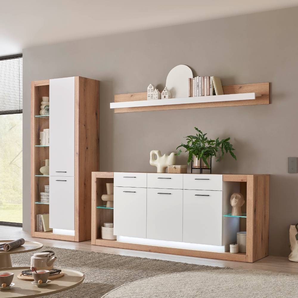 Wohnzimmer Anbauwand Asprecca in modernem Design 195 cm hoch (dreiteilig)