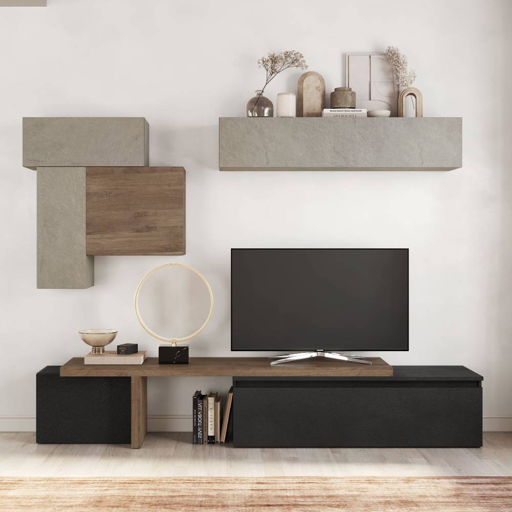 Design Wohnwand Vinallia in Beton Grau und Wildeiche dunkel (siebenteilig)