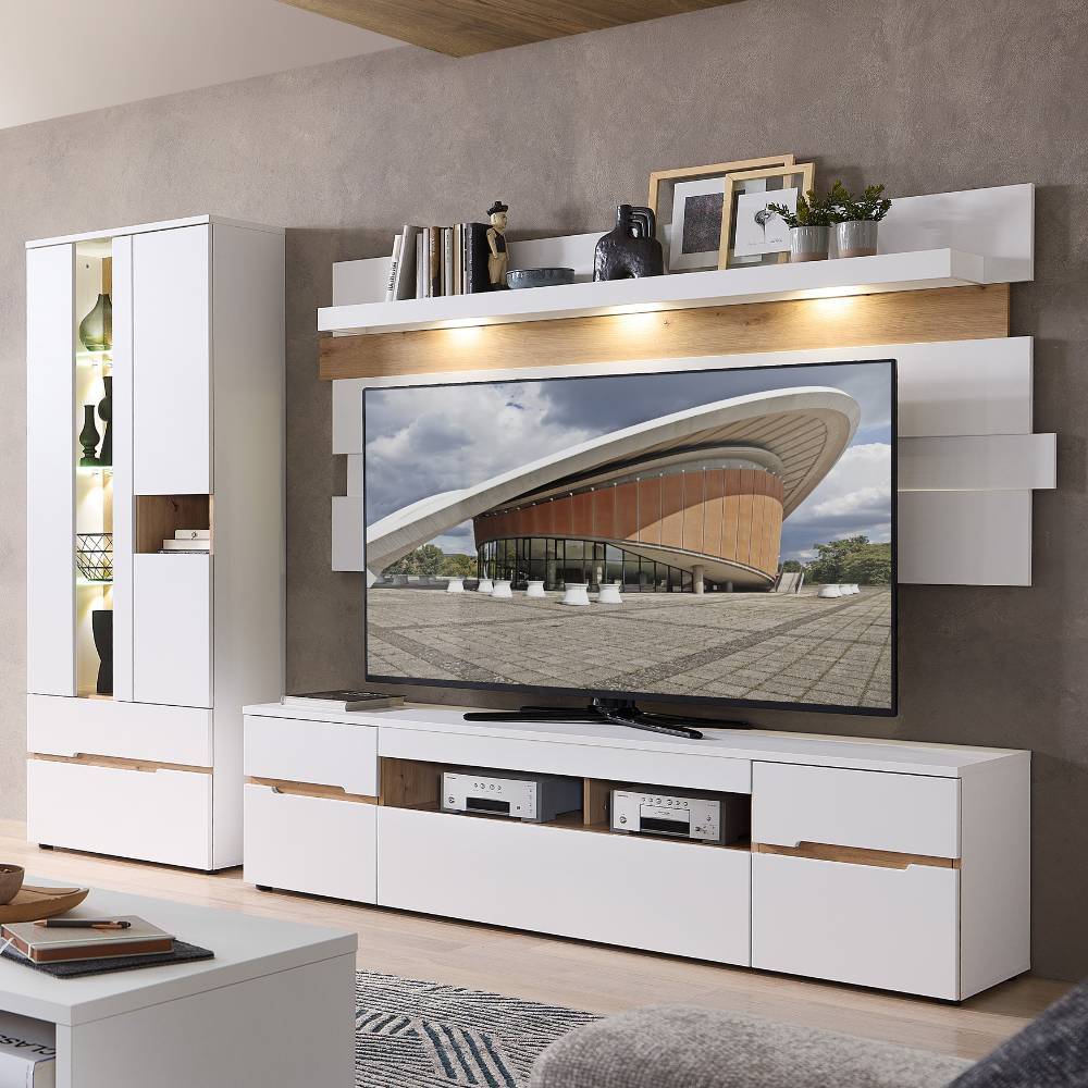 TV Wohnwand Mariocavo in modernem Design mit LED Beleuchtung (dreiteilig)