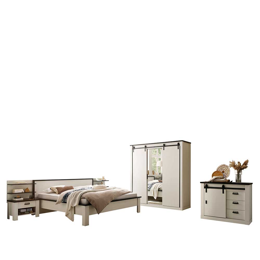 Schlafzimmerset komplett Dionada im Landhausstil in Pinie Weiß (fünfteilig)