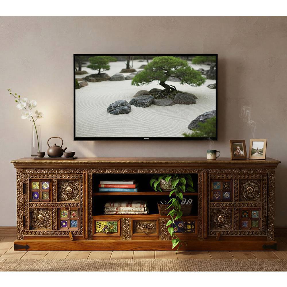 TV Lowboard Legancio aus Akazie Massivholz handbemalt