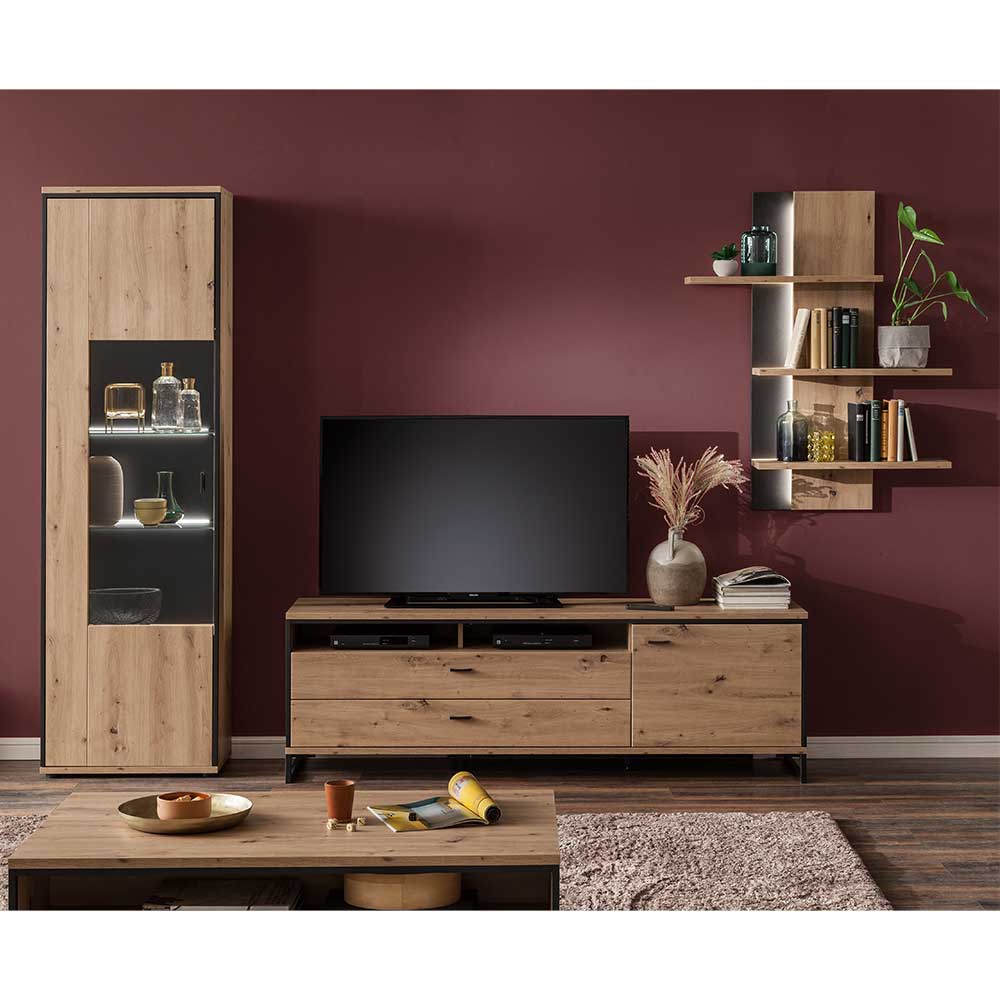 Wohnzimmerschrankwand Geronda in Anthrazit und Eiche Optik modern (dreiteilig)