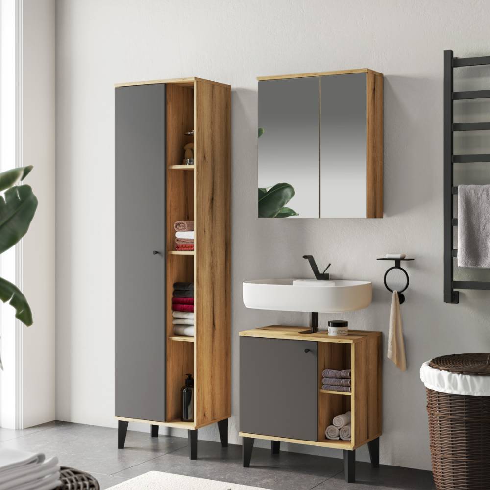 Badezimmermöbelset Pattinos in Grau und Wildeichefarben (dreiteilig)