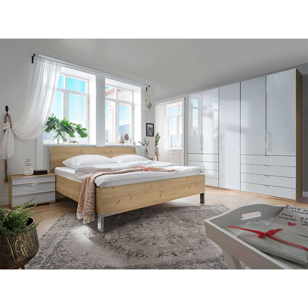 Premium Schlafzimmer Set Waluva in Weiß und Eiche Bianco (vierteilig)