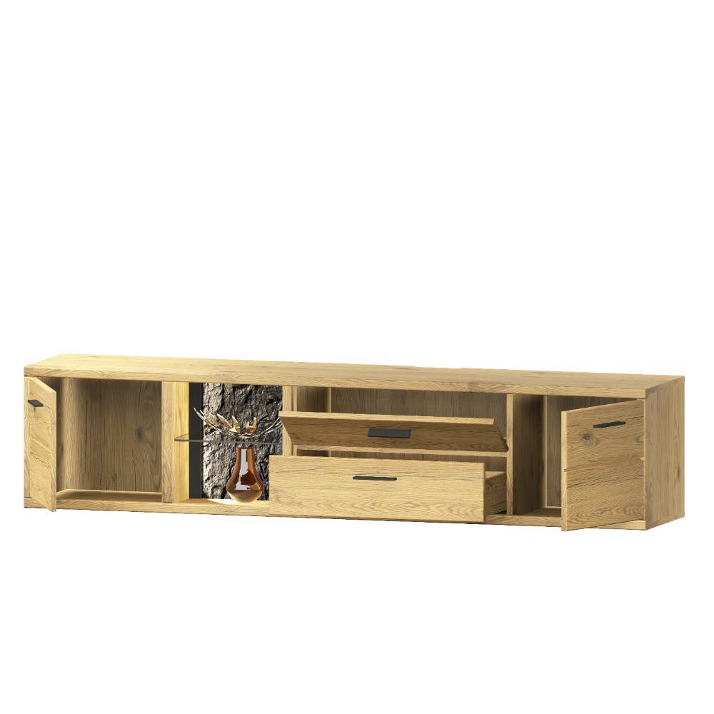 Wohnwand Massivholz Ostoro in Wildeiche Bianco 225 cm hoch (dreiteilig)