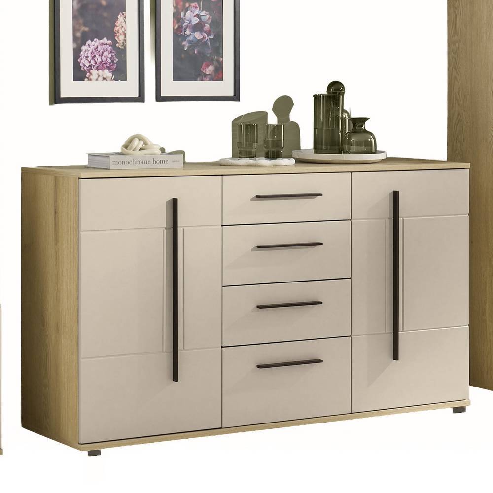 Wohnzimmerwand modern Helina in Beigegrau und Wildeiche Bianco (vierteilig)