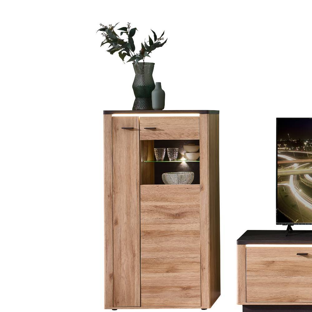TV Wohnwand Helias mit LED Beleuchtung - Holzoptik foliert (dreiteilig)
