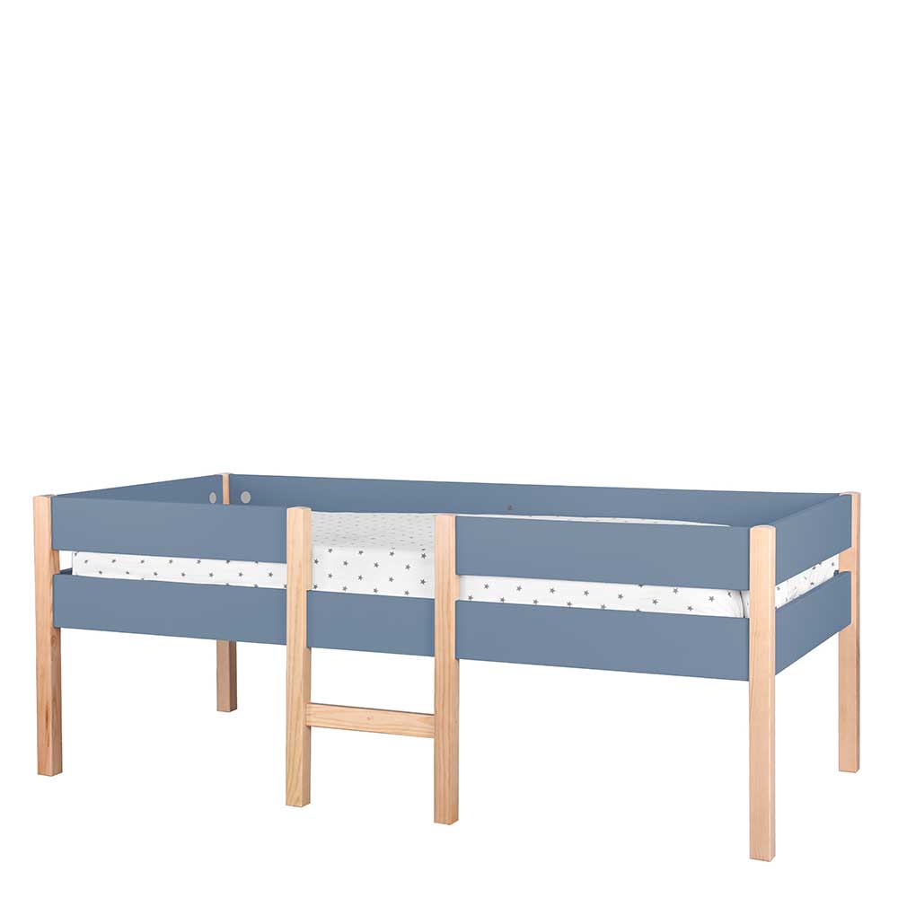 Kinderbett Yanie in Blau und Pinie mit zwei Bettkästen