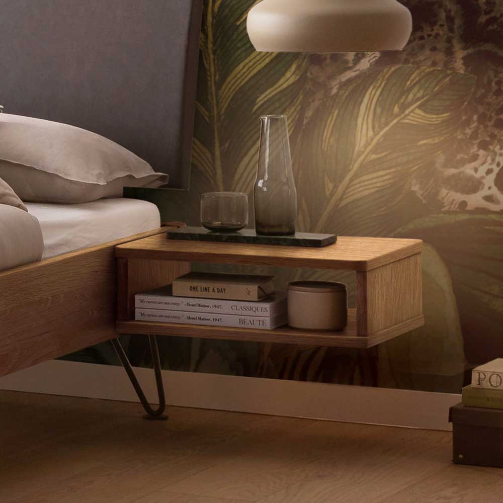 Wildeiche Doppelbett modern Viko mit Gestell aus Metall und Polsterkopfteil