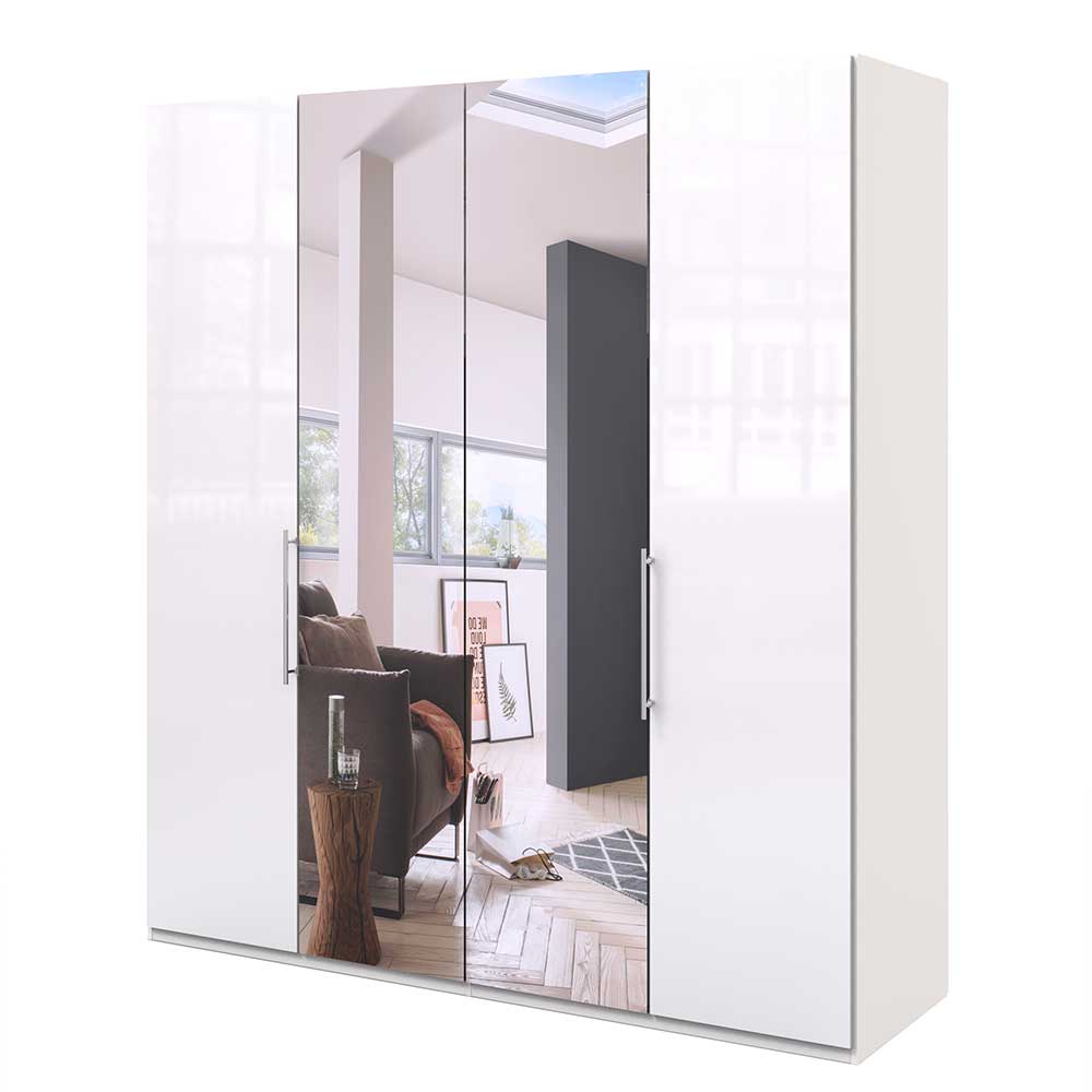 Design Falttürenschrank Grinzia in Weiß Glas beschichtet mit Spiegel