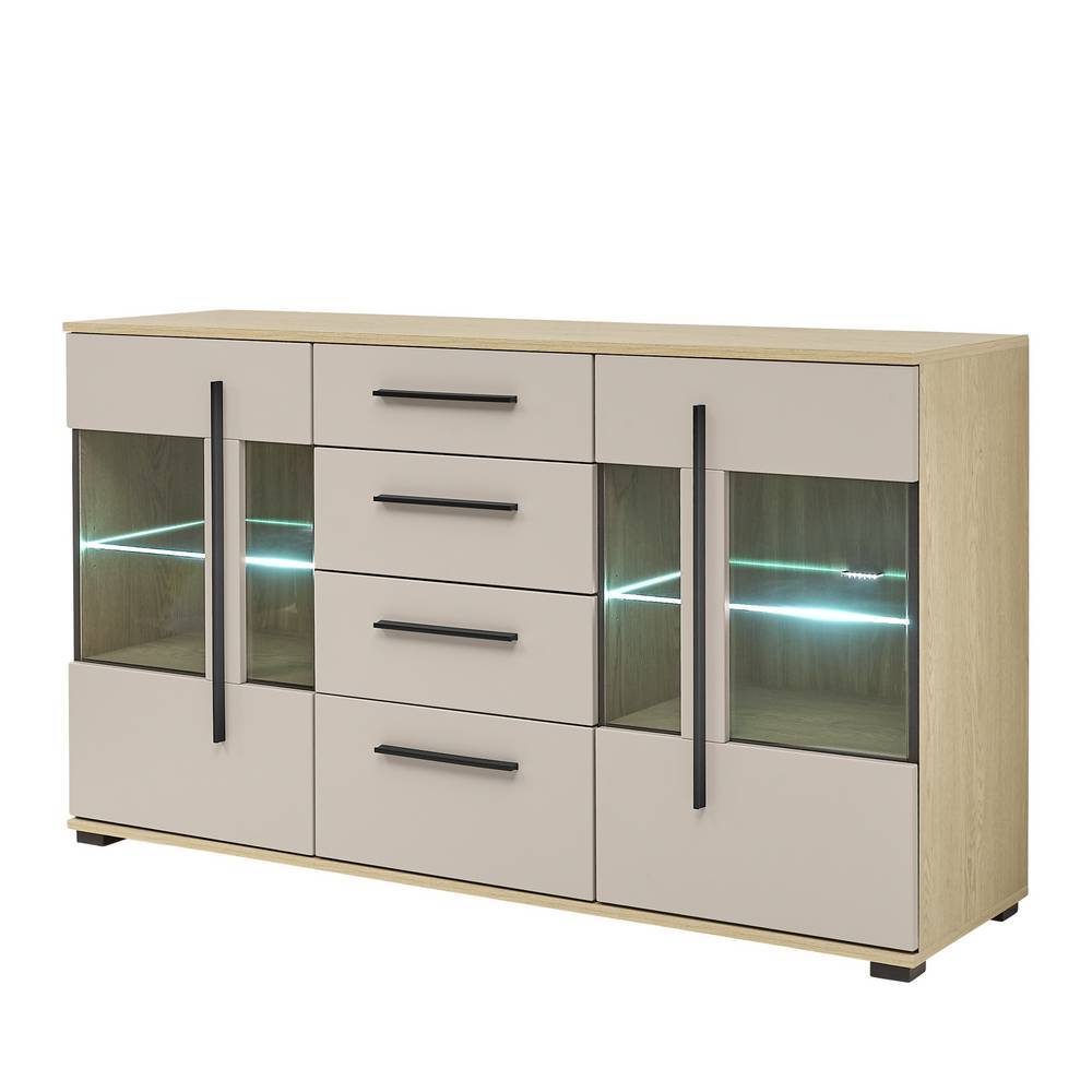Wohnzimmer Kommode Helina mit Glastüren und vier Schubladen