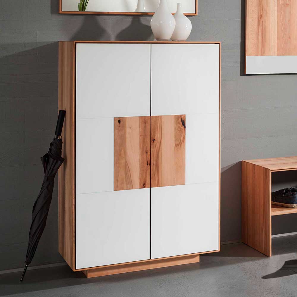 Flurmöbelset Cliva in Weiß mit Kernbuche Massivholz modern (vierteilig)