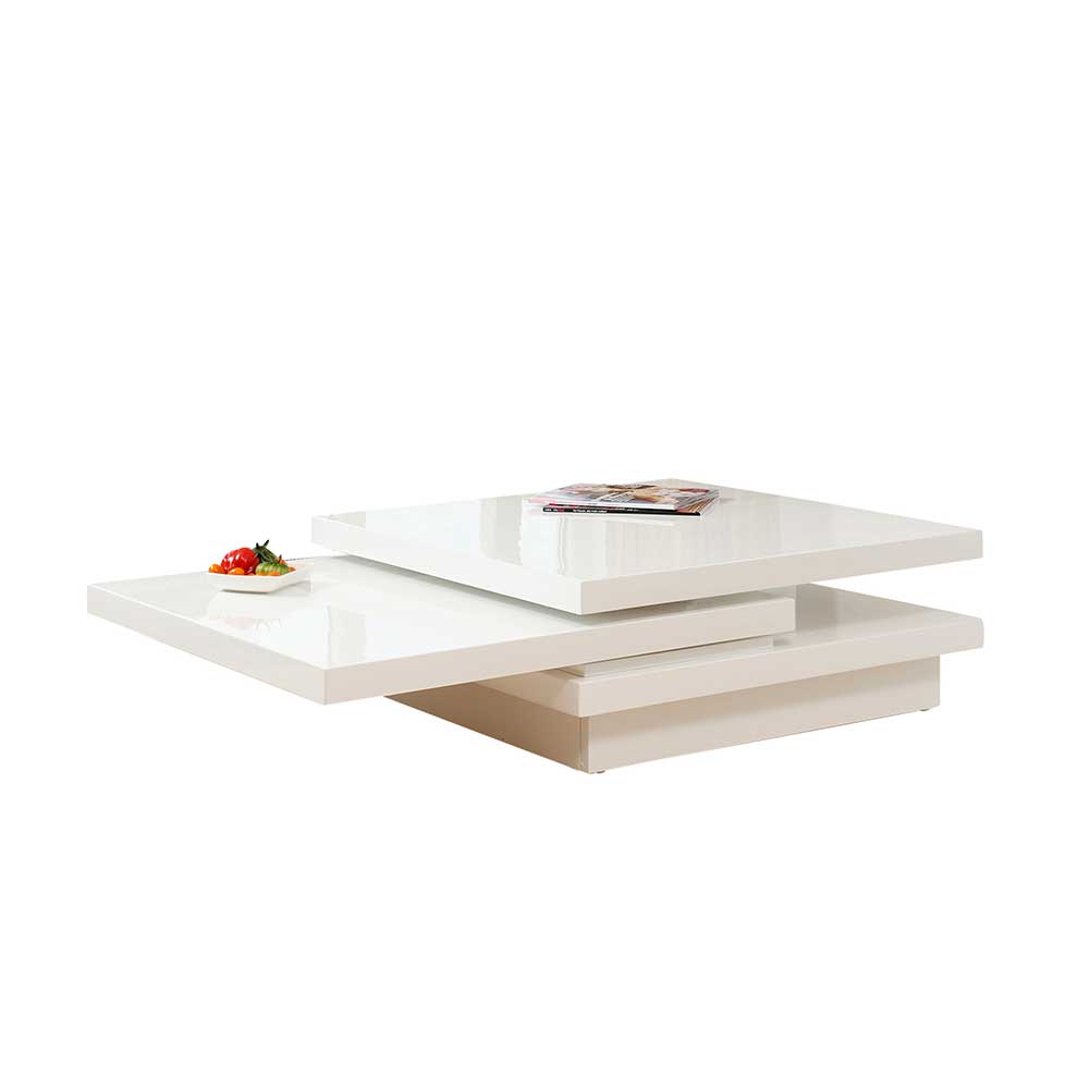 Design Sofatisch Orda in Weiß Hochglanz mit zwei drehbaren Tischplatten