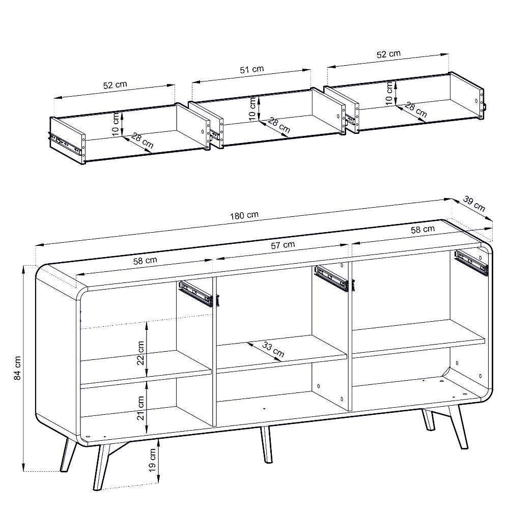Sideboard Snake im Skandi Design mit drei Schubladen