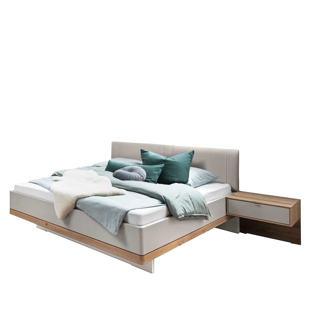 Breites Bett Privira in Beige und Eiche Bianco mit Nachtkonsolen (dreiteilig)
