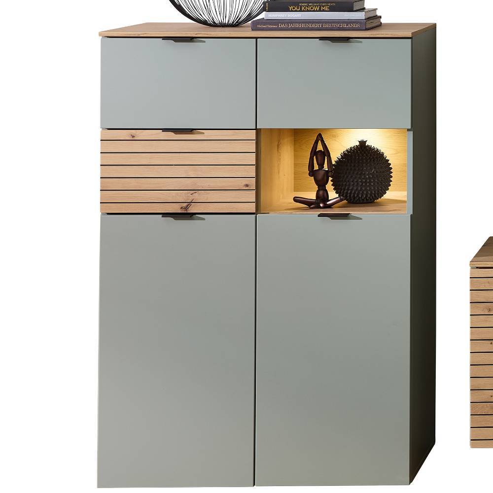 Wohnzimmer Anbauwand Ilitalcon in Graugrün mit LED Beleuchtung (sechsteilig)