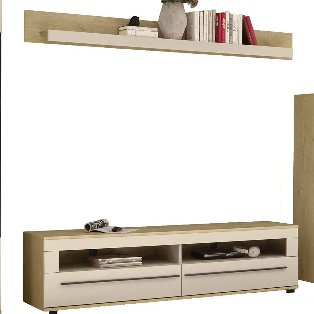 Wohnzimmerwand Helina in Beigegrau und Wildeiche Bianco (vierteilig)