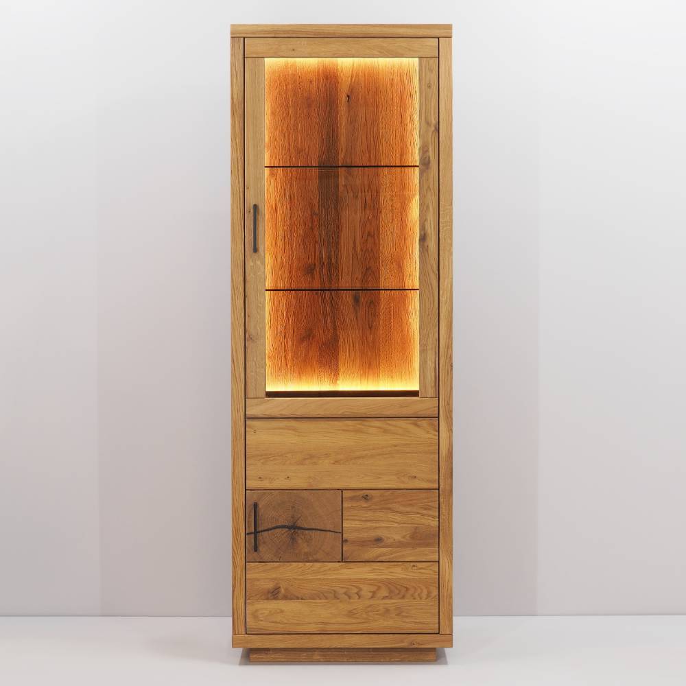 Stauraumvitrine Lasito aus Eiche Massivholz mit Hirnholz Applikation