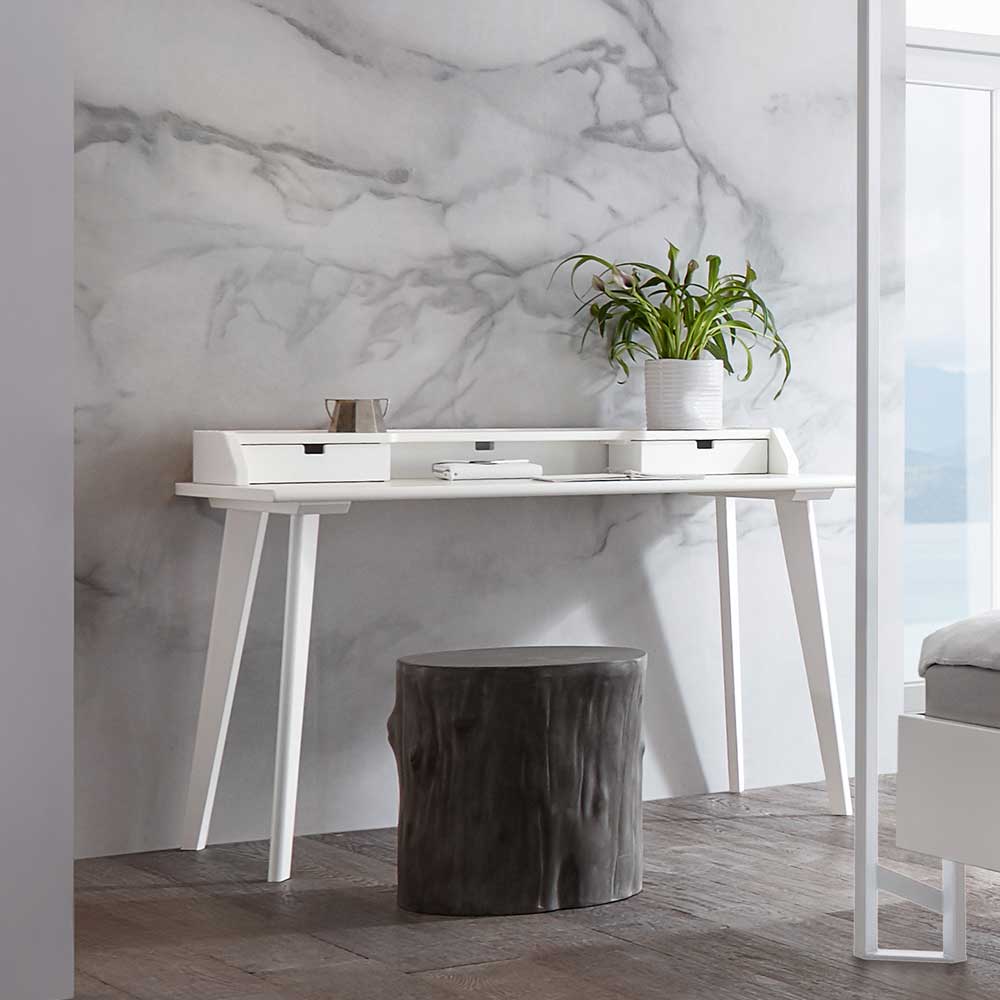 Skandi Design Schreibtisch Mailiona in Weiß aus Buche Massivholz