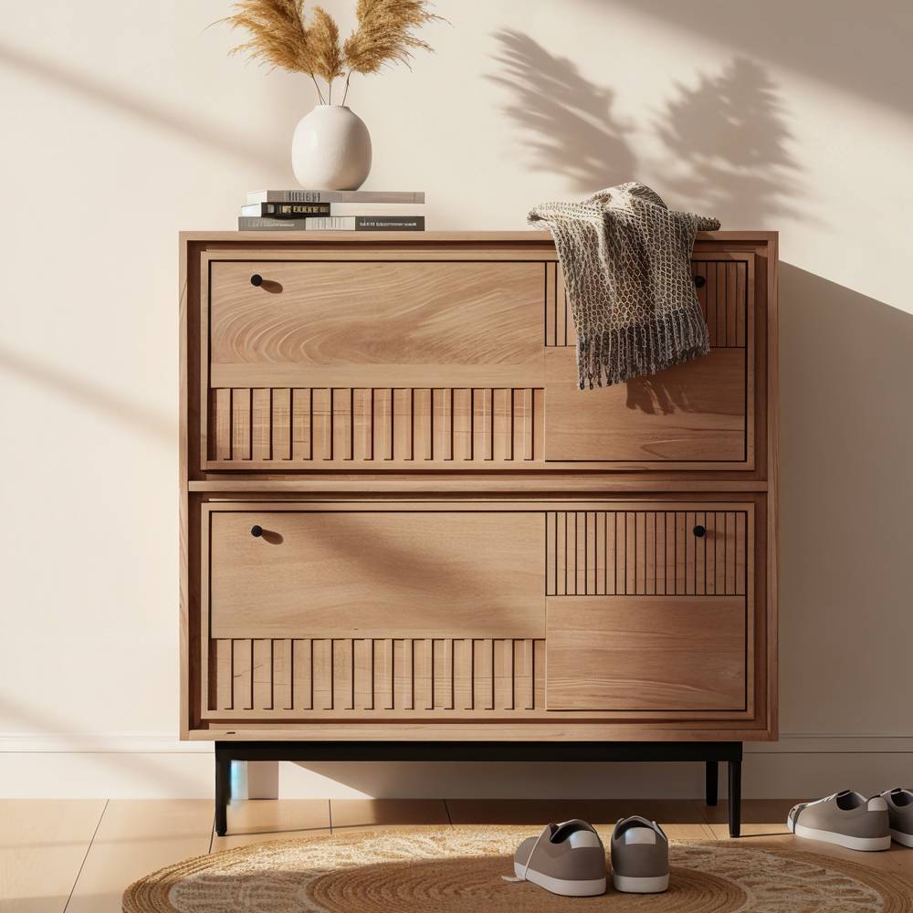 Schuh Schrank Diaria Front beschnitzt in Mangoholz Naturfarben