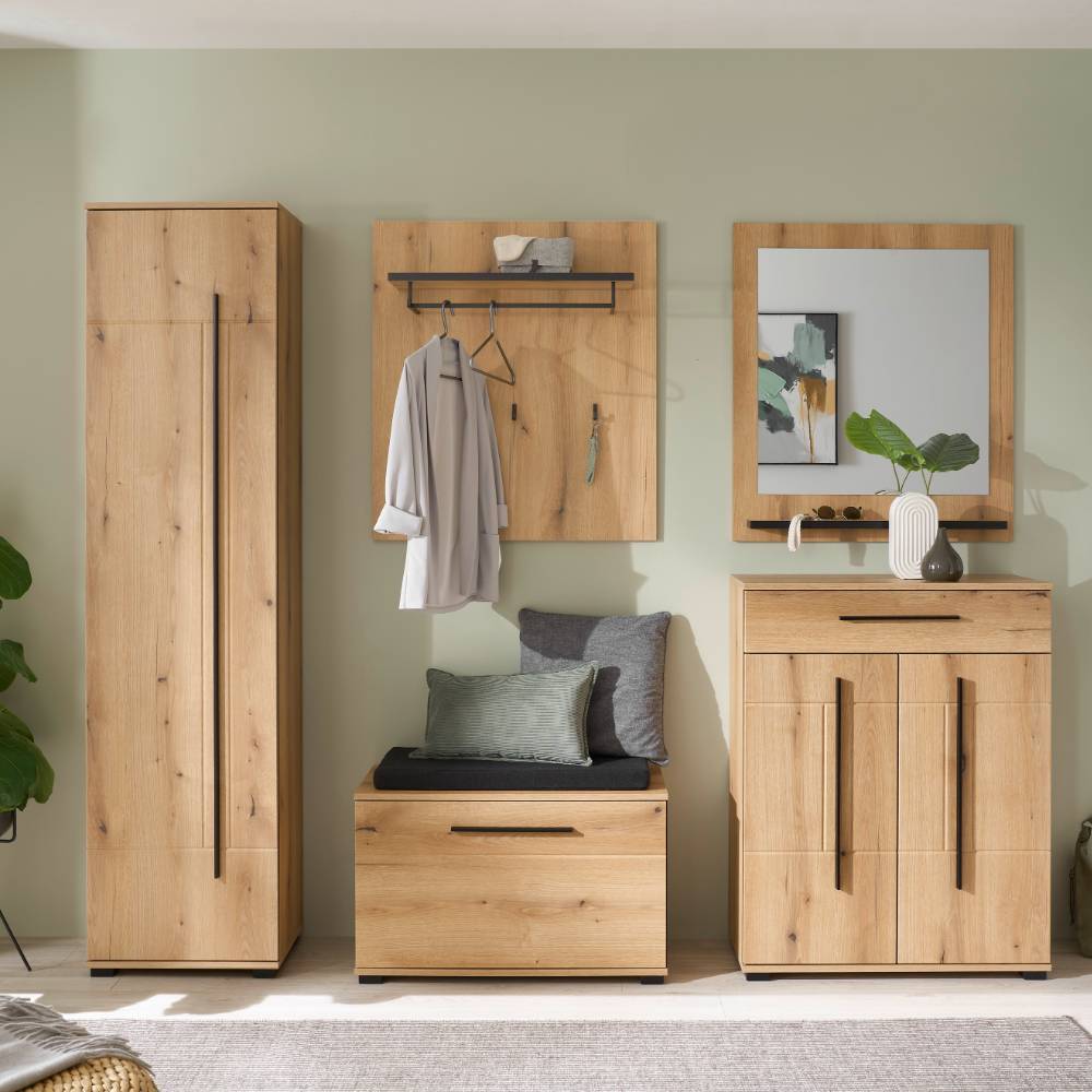 Garderobe Nemphia in Eichefarben inklusive Sitzpolster Auflage (fünfteilig)