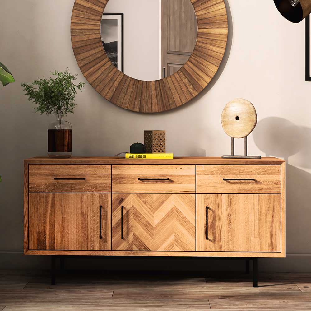 Massivholzkommode Wohnzimmer Yalley Wildeicheiche geölt mit Metallgestell