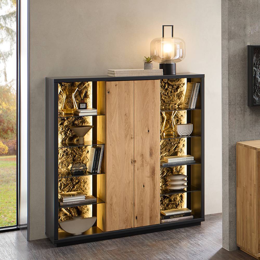 Wohnzimmer Highboard Ostoro in Schwarzgrau und Wildeiche Bianco