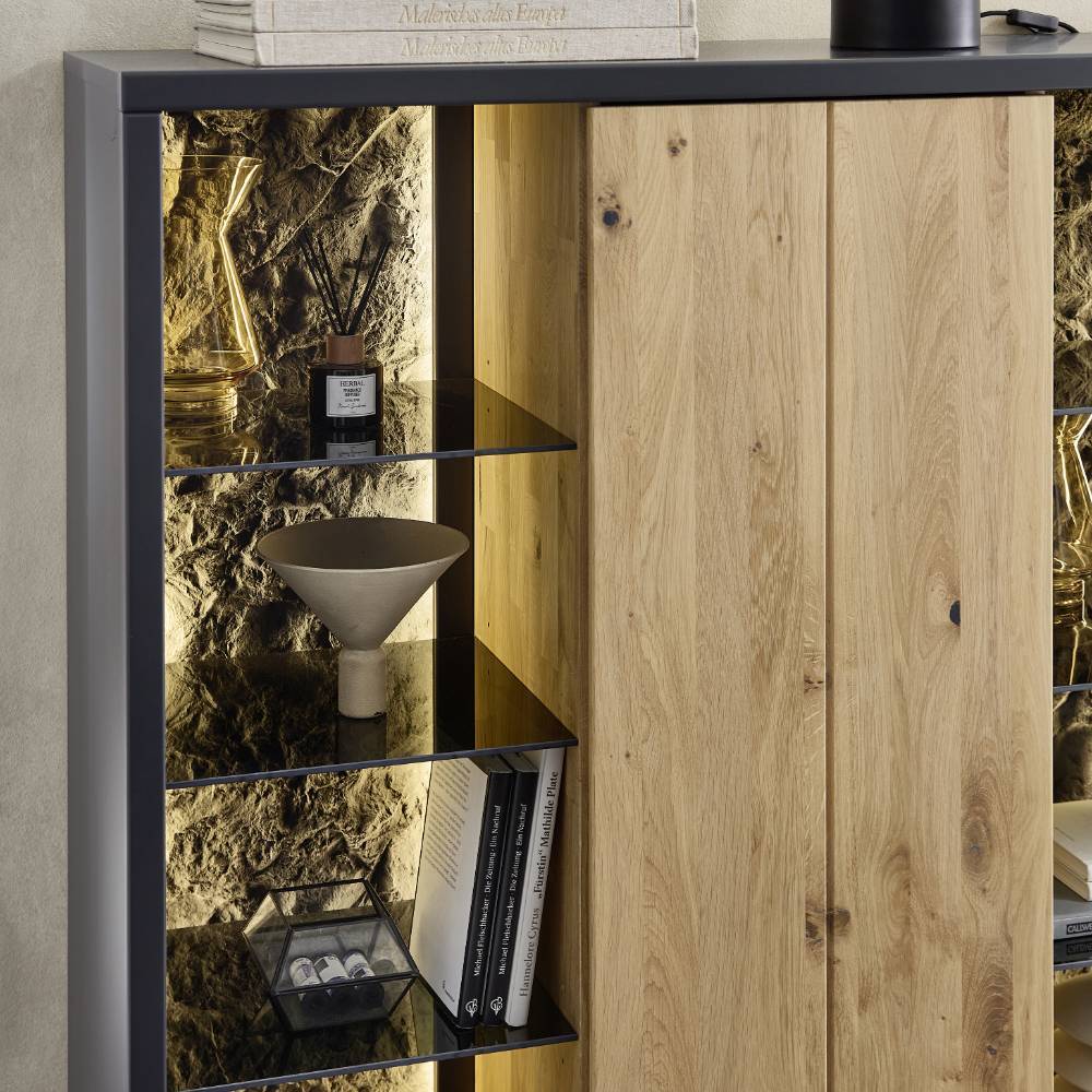 Wohnzimmer Highboard Ostoro in Schwarzgrau und Wildeiche Bianco