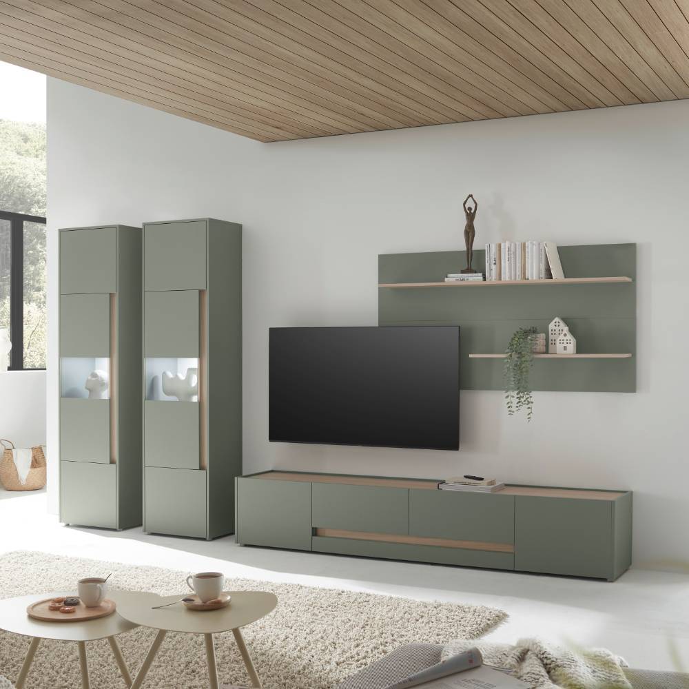 Design Wohnwand Ulfava in Graugrün und Eichefarben (vierteilig)