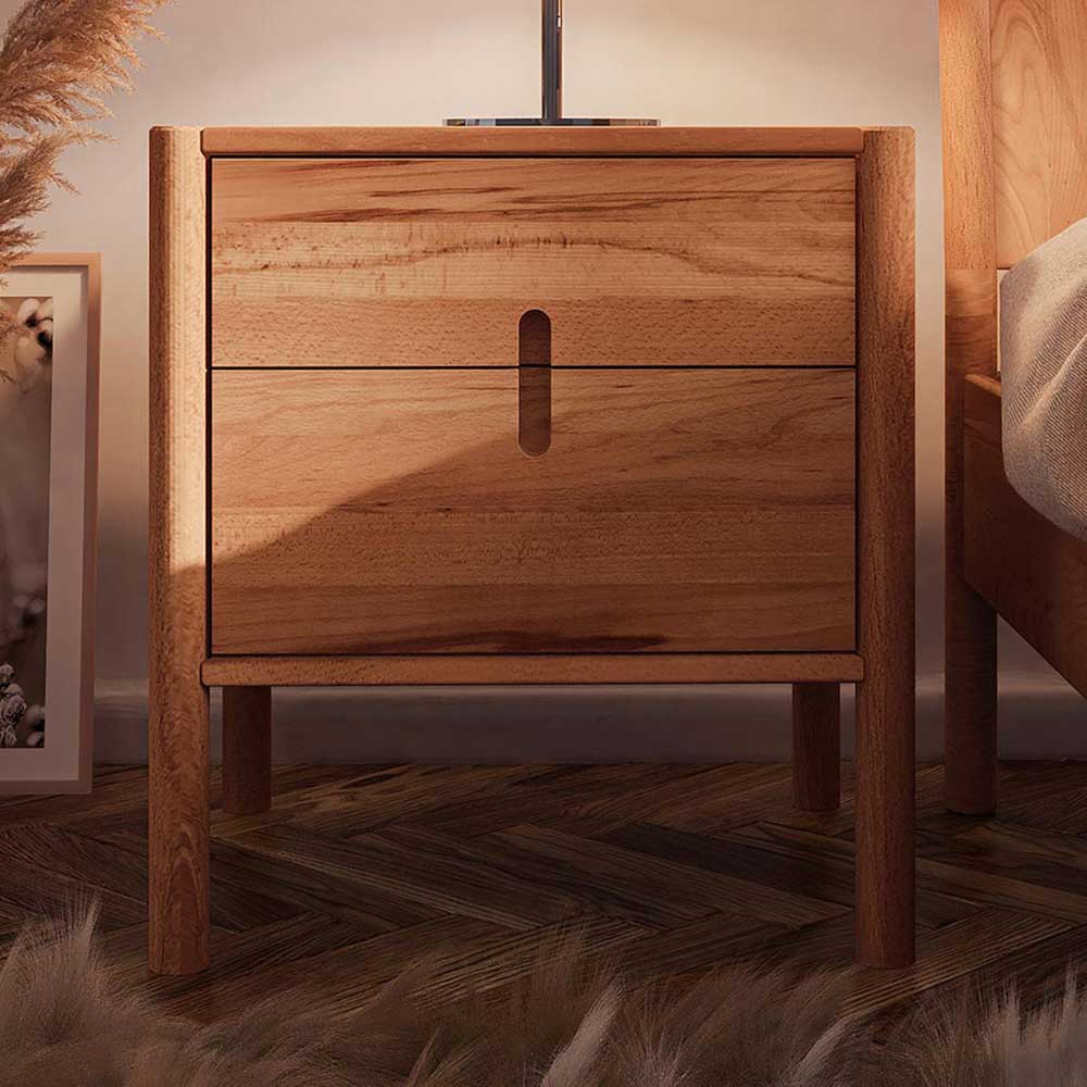 Echtholzbett Artjes aus Wildbuche Massivholz und Rattan