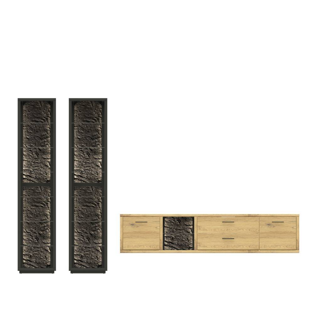 Wohnzimmer Anbauwand Ostoro in Wildeiche Bianco 206 cm hoch (dreiteilig)