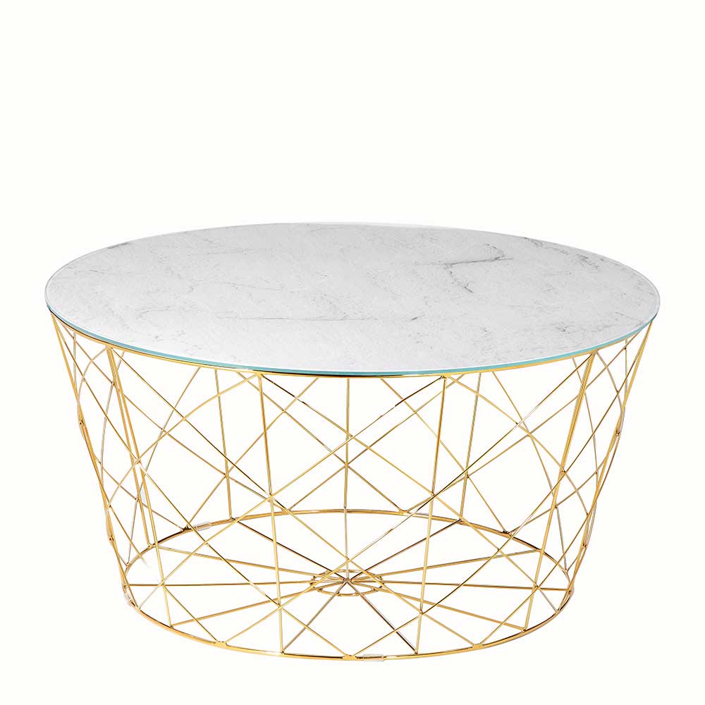 Design Sofatisch Vuprian in Weiß und Goldfarben mit Glasplatte rund