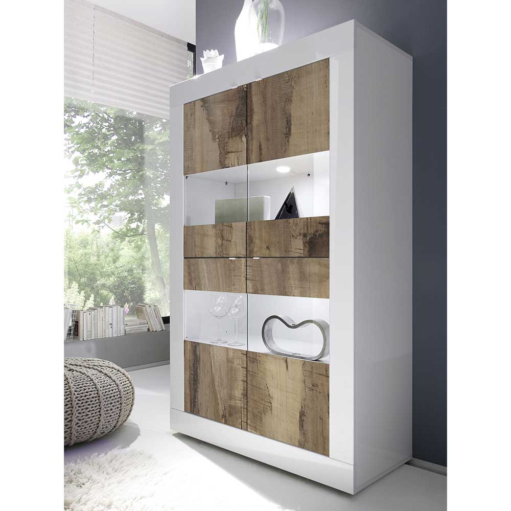 Wohnzimmervitrine Yuelva 102 cm breit in Weiß und Holzoptik verwittert
