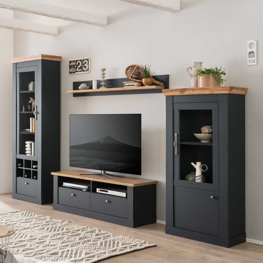 Wohnzimmeranbauwand Saridio im Landhausstil in Anthrazit (vierteilig)