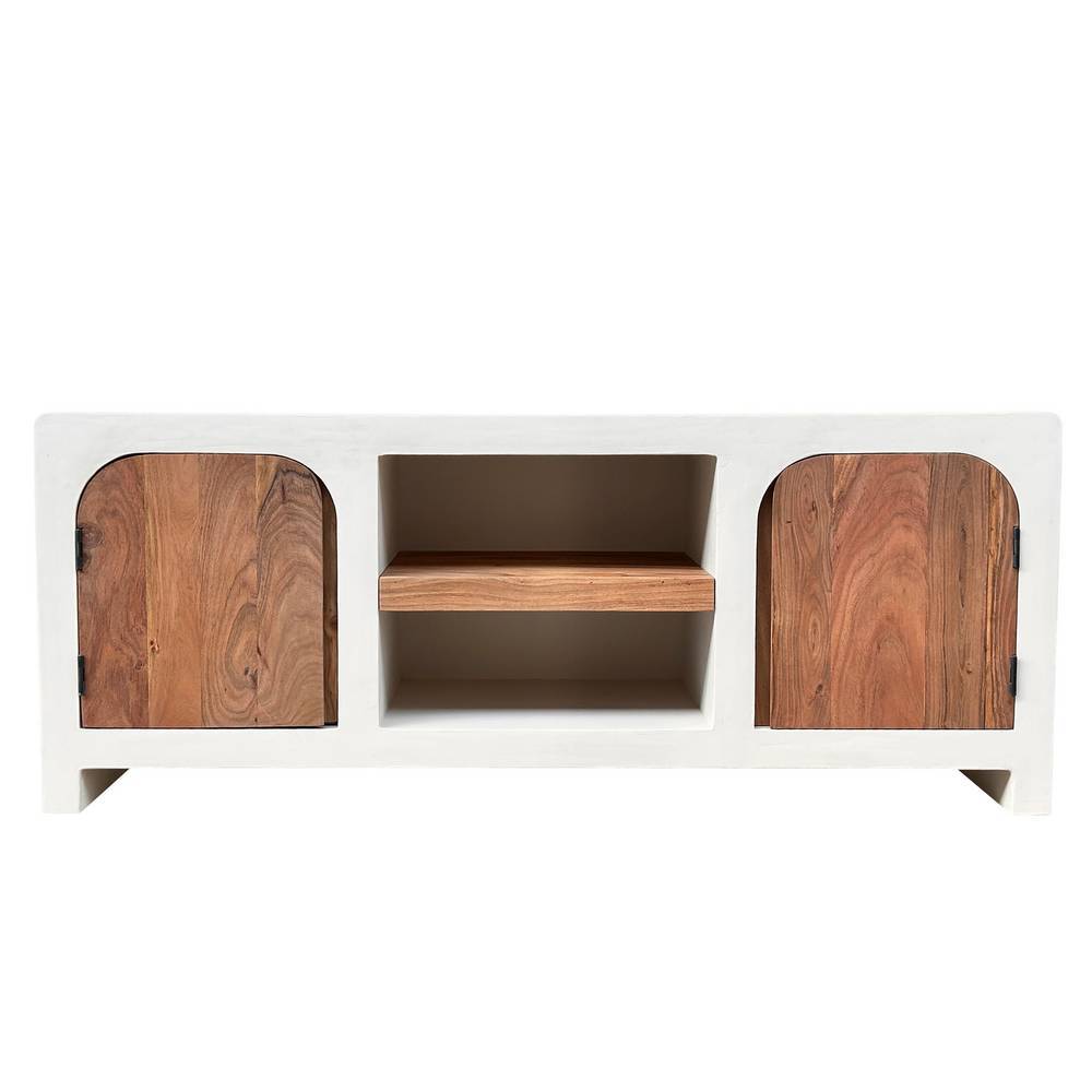 TV Board Janyna mit Struktur Kalkputz und Massivholz Türen