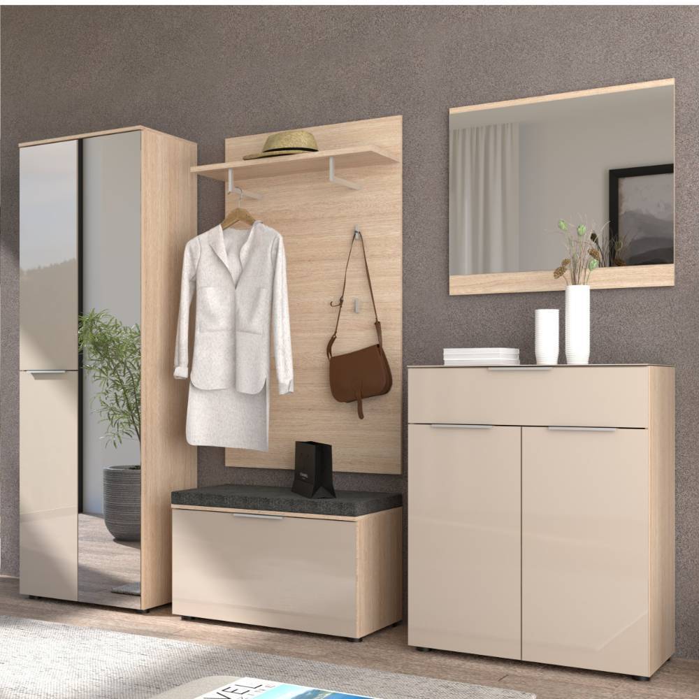 Komplett Garderobe Daniele in Eichefarben und Hellgrau (fünfteilig)