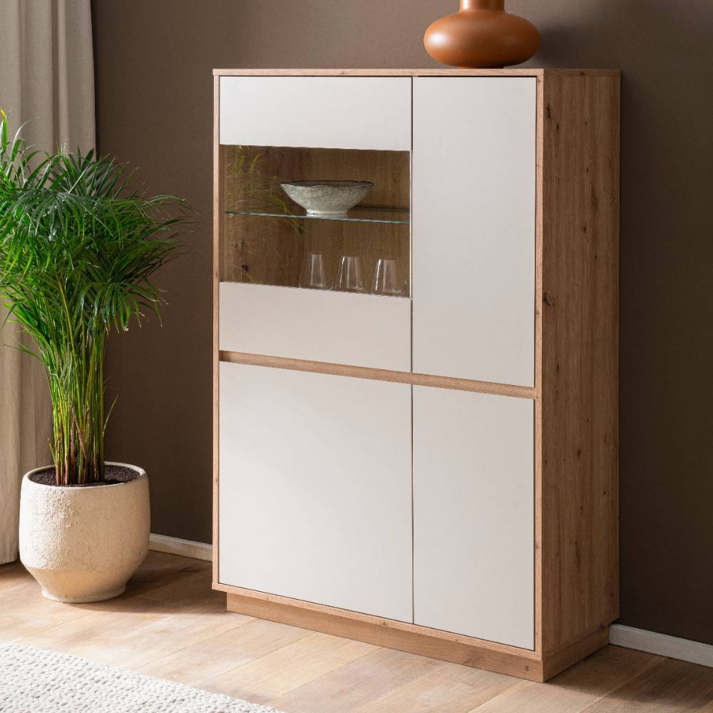 Highboard Ikba in Wildeichefarben und Hellgrau